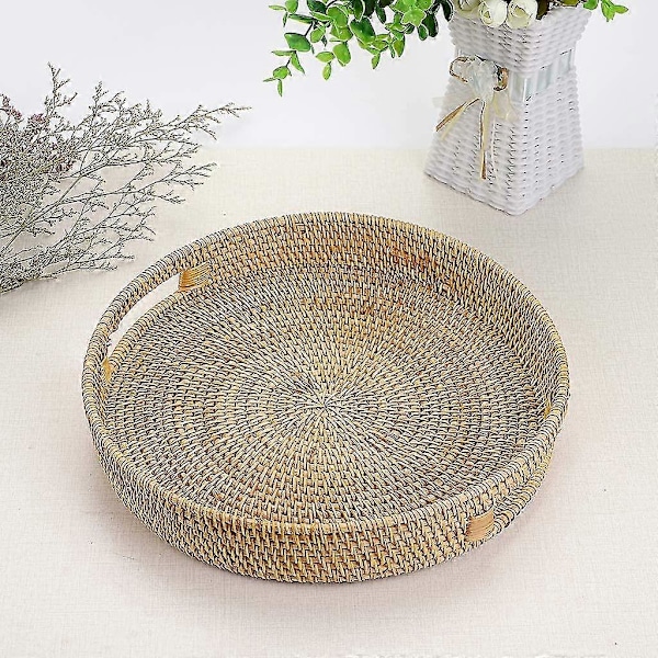 Rund Rattan Vevd Serveringsbrett Dekorativt Utstillingsbrett Oppbevaringsfat Med Håndtak Bordplate Organizer Brett For Kaffe, Drikke, Frokost, Te, Lys
