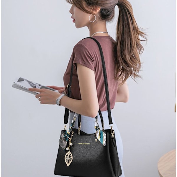 Handväska för damer - PU Läder Tote Väska Axelväska Crossbody Väska - Flera Fack Multipla Fack - Svart