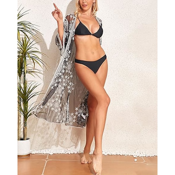 Kvinnors baddräkt Cover Up Baddräkt Kimono Lång Strandklänning Blomspets Bikini Badkläder Coverup Solskyddskläder black