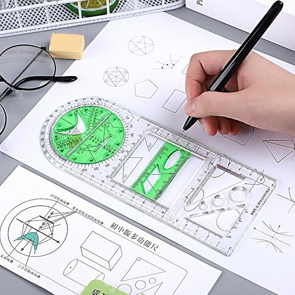 Multifunktionell geometrisk linjal Geometrisk ritmall Mätverktyg för skolmaterial Transparent Green