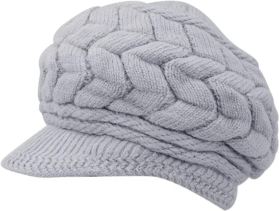 Dam vinter stickad mössa med brätte svart vit grå, elegant mössa med varmt fleecefoder gray