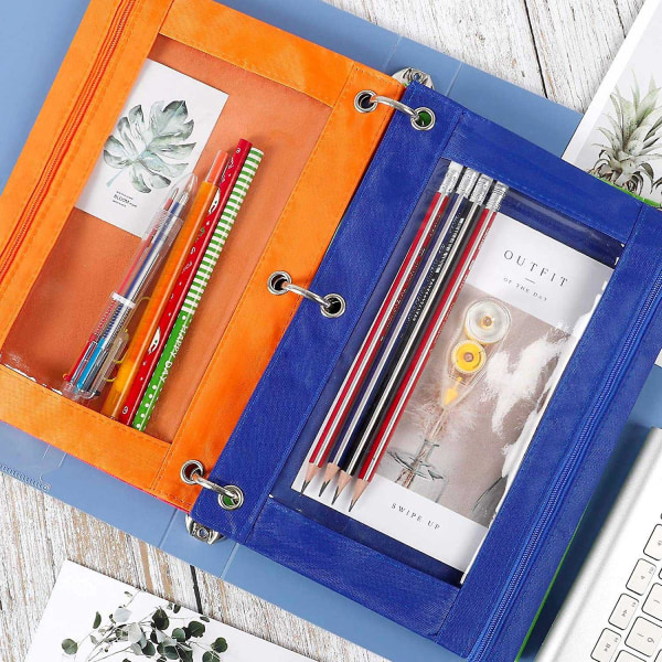 8 pakke 3-rings blyantpose, veske, flerfarget, blyantveske, klart vindu, for skolemateriell