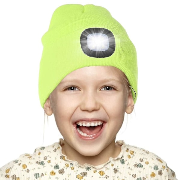 Led-belyst Beanie-hue til Børn, Genopladelig 4 Led Hovedlampehue, Strikket Vinterhue med Lommelygte til Cykling Løbetur Yellow