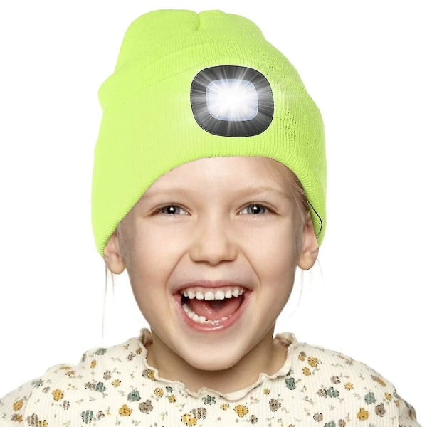 Led-belyst Beanie-lue for Barn, Oppladbart 4 Led Hodelyktlue, Strikket Vinterlue Med Lommelykt for Sykling Løping Yellow