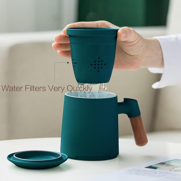 Tekopp med infuser och lock, teinfuser med trähandtag, 360 ml matt keramiskt teinfuser-present dark green