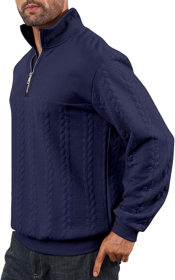 Halv dragkedja tröjor för män stickad pullover jumper långärmad jacquard tröjor Navy blue