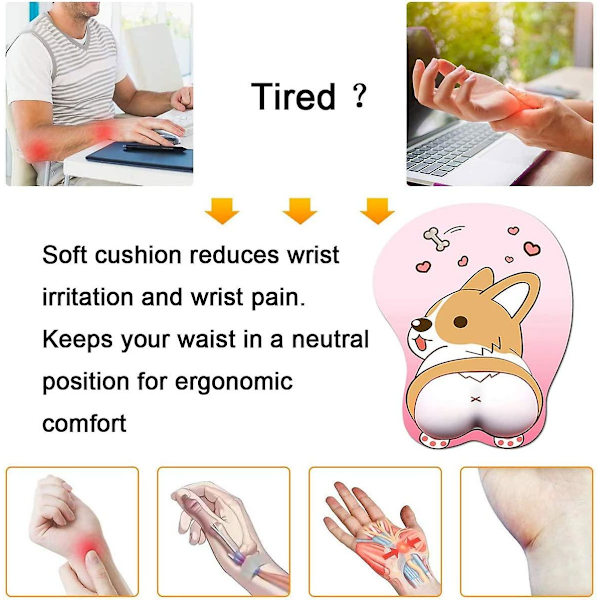 Musematte med håndleddsstøtte Gel Ergonomisk 3d Musematte Anime Corgi Hund Musematte Spill Musematte for PC Bærbare datamaskiner (rosa)