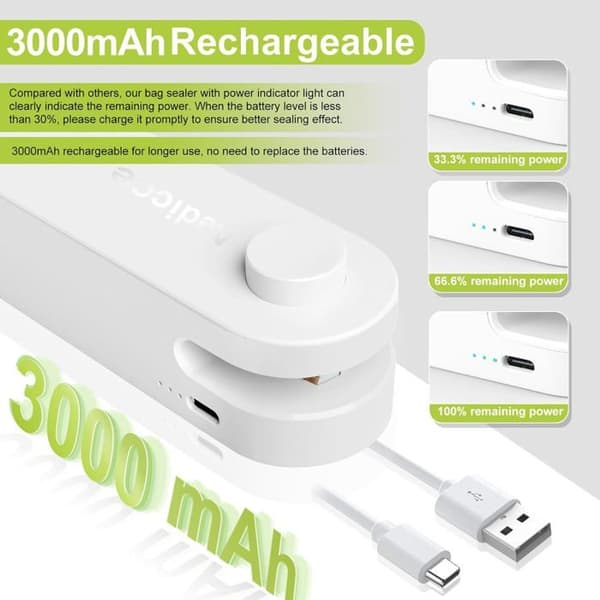 Mini 4-i-1 poseforsegler, varmeforsegler med kutter, USB oppladbar chipsposeforsegler, hvit