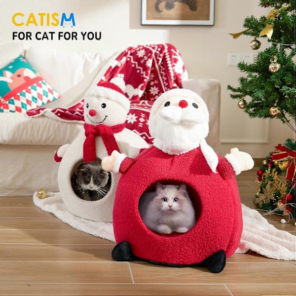 Julekatteseng for innendørs katter, kattehus Teddy Fleece katteseng hule dyreseng varm vinter for små mellomstore katter og hunder (Snømann)