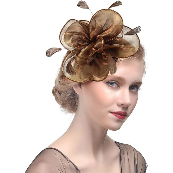 Fjäderfascinatorer för kvinnor och flickor Blomma Organza Derbyhatt Ascot Hattar Elegant Cocktail Tea Party Hatt Huvudbonad med klämma & hårband(Kaffebrun)