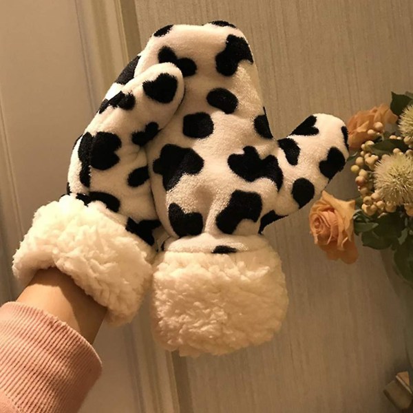 Nya, lämpliga tjocka vantar med komjölksmönster, vintervarma handskar, plyschvantar, djurko-vantar, hängande nackvantar
