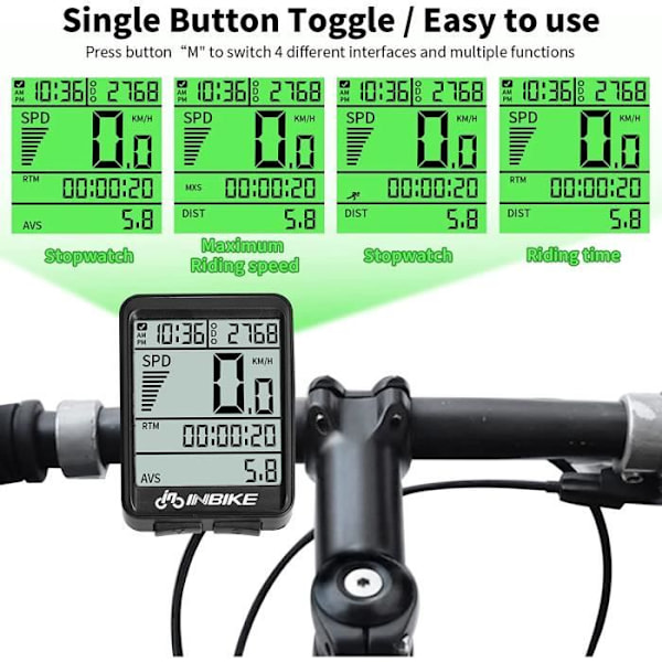 Trådløs sykkelcomputer IP54 Vanntett sykkelodometer speedometer trådløs med bakgrunnsbelyst display og stoppeklokke