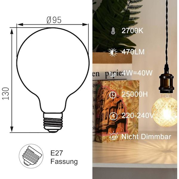 Vinterkampanj, e27, E27 4w LED-lampa, retroglödlampa, idealisk för nostalgisk och retrobelysning, varmvit, G95