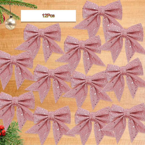 12 stk. Glitter Julebuer, Sølvbuer til Juletræ, Kransbuer Julebuer Dekorationer, Pailletbuer Julebuer til Jul, Pink