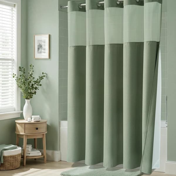 Dubbellagers duschdraperi utan krokar – 180×190 cm – bikakemönster – med innerfoder – halvtransparent voilefönster – magnetisk botten White
