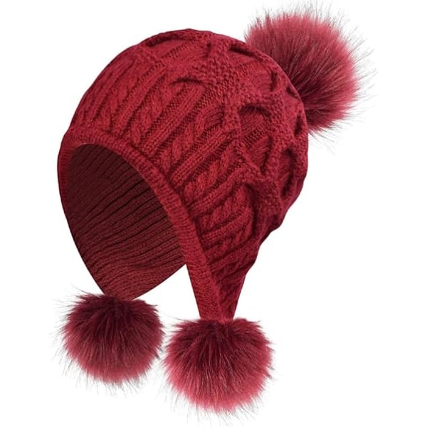 Stickad mössa för kvinnor, varm vintermössa med Pom Pom Bobble mössa stil med vindtäta öronlappar (röd)