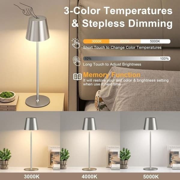 Trådløs bordlampe med 3 farvetemperaturer, dæmpbar, genopladelig LED touch sengelampe (grå)