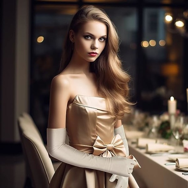 Långa Satin Fingerhandskar för Kvinnor Opera Bröllop Danshandskar Fest Stretchiga Handskar Beige