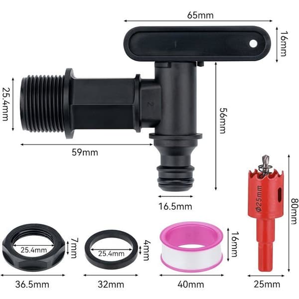 2 stk. regnvannstankkraner, 3/4\" slangeadapter, plastutskifting med vanntett tape og hullåpner for hjemmet