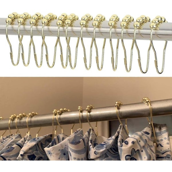 12-pack duschdraperikrokar, guld rostfritt stål metall rostfritt stål duschdraperi med rullkulor för badrumsdraperistänger