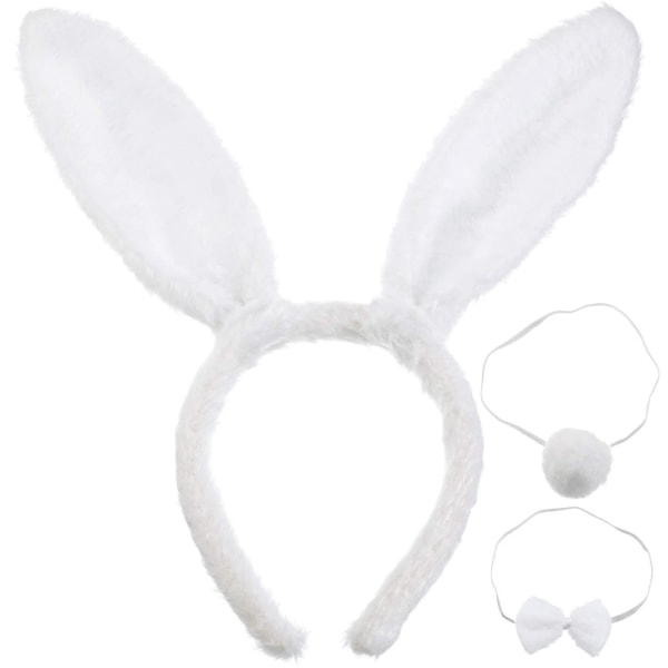 Påskehare ører sæt, 3 dele plys kanin ører pandebånd butterfly til cosplay fest tilbehør White