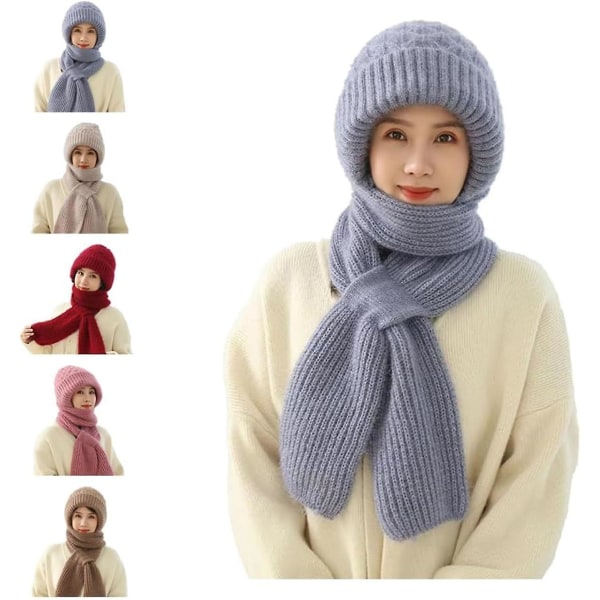 Integrerad öronprotektion vindtät mössa halsduk, stickning förtjockning mössa vinter, vinter varm stickad mössa halsduk, mössa halsduk Blue