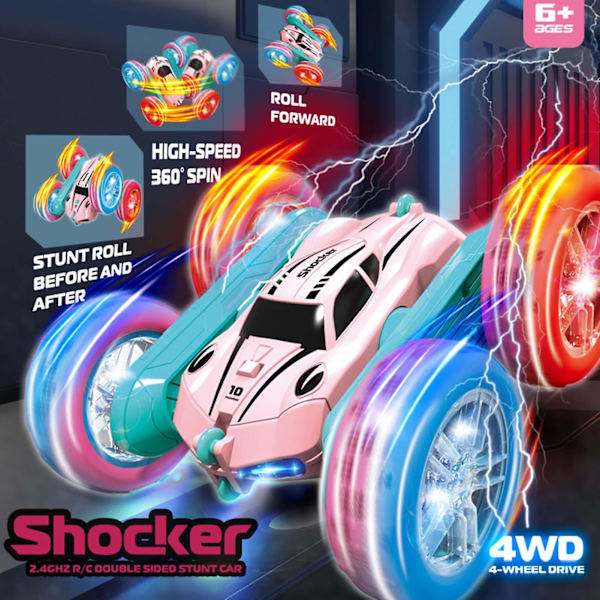 Rosa elektrisk 4wd Rc stuntbil med ljus Bärbar dubbelsidig stunt tumbler bil leksak för barn pojkar flickor Barnens dag