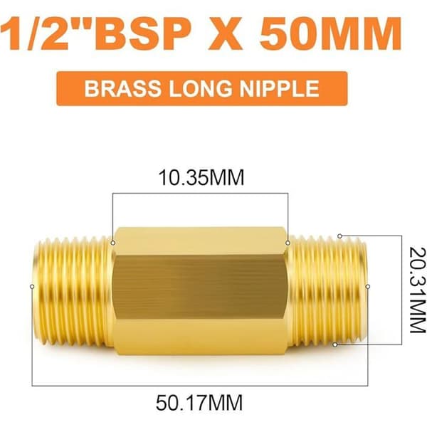 2-pak messing lang nippel, 1/2 BSP 50 mm lang messingrørsfitting