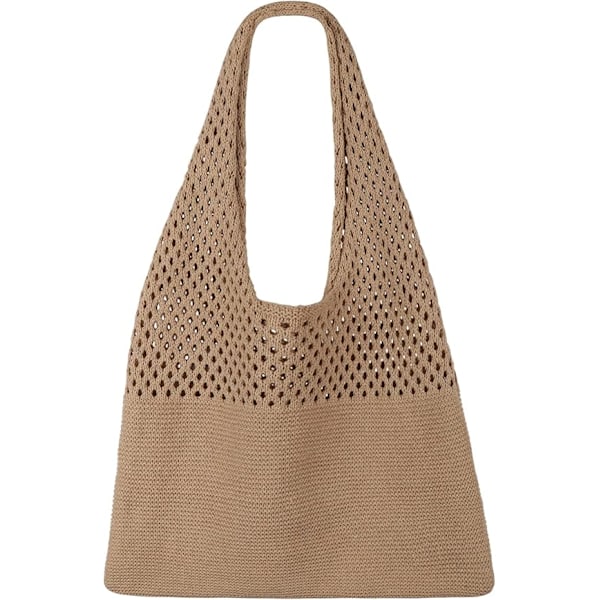 Heklet strandveske i mesh, sommerferie estetisk strikket boho skuldertaske til kvinner Brown