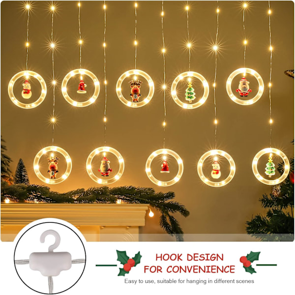 Jul Fönsterlampor 3m x 0.65m LED Strängljus Gardin Fairy Light med 8 Lägen Juldekoration för Inomhusfest Bröllop Sovrum (Varmvit)
