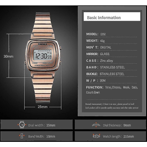 Klassisk, enkel Petite elektronisk kvartsklokke for kvinner, rustfritt stål Square Slim Led Watch Digital Watch Hs