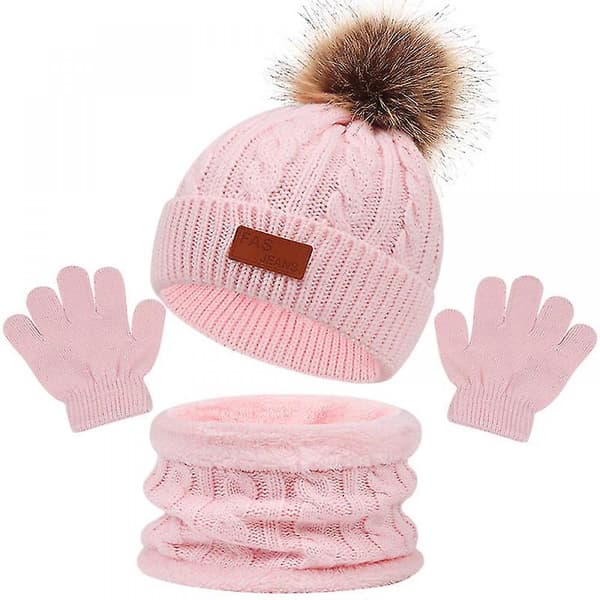 Barnmössa halsduk handskar tredelad set höst och vinter ny singel boll baby mössa - Beige