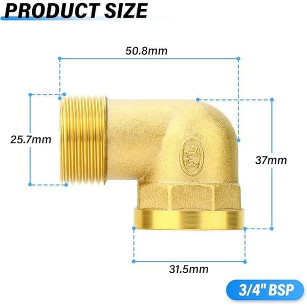 Sæt med 5 massive messing 90° gadealbuer – 3/4\" BSP han til 3/4\" BSP hun rørfitting