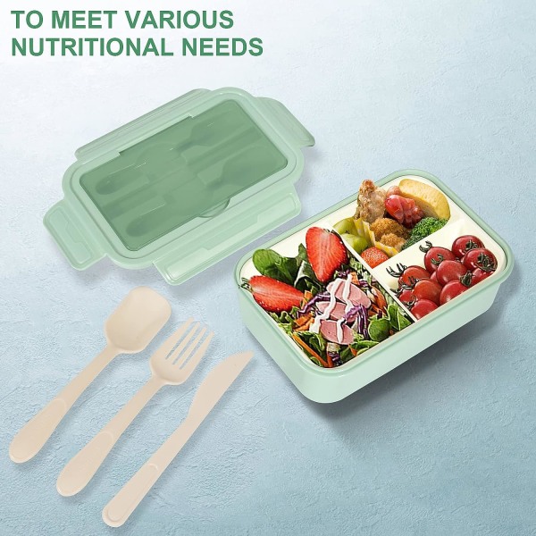 1400 ml Bento Lunchbox, behållare med 3 fack, bestick, diskmaskin, BPA-fri smörgåslåda för vuxna och barn