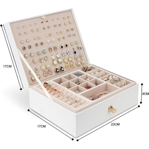 Smyckeskrin Organizer för halsband Örhängen Armband Ringar, stort PU-läder smycken case med 3 stapelbara lager (vit)