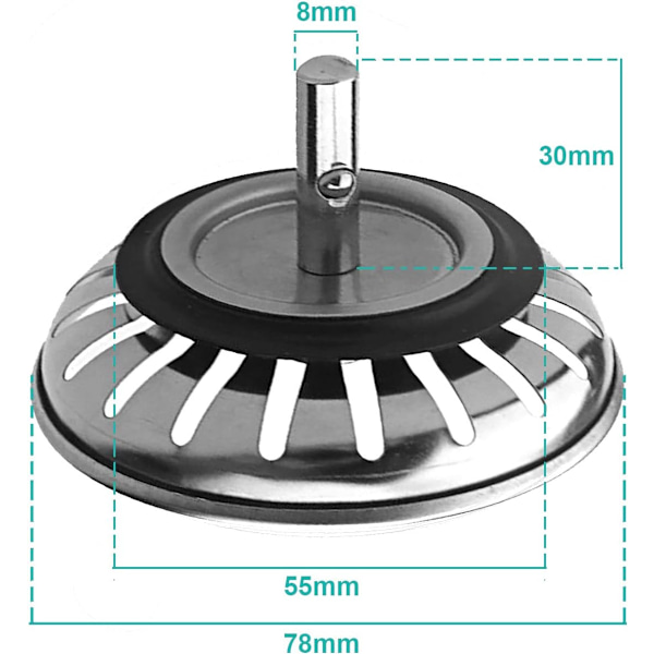 Køkkenvask Si Strainer Prop i Rustfrit Stål Fortykket Egnet til Køkkenvask Huldiameter 78mm