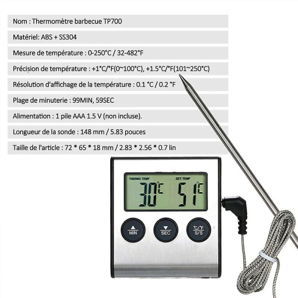 Msbd 0~250c Matlagingstermometer med alarmtimerfunksjon, mattemperaturmåler for kjøkkengrill (hy)