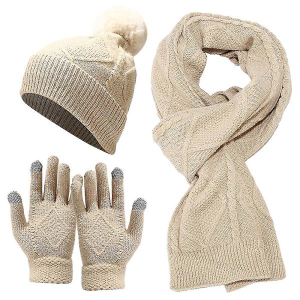 Vinter Hætte + Langt Halstørklæde + Handsker Sæt til Kvinder Mænd - beige