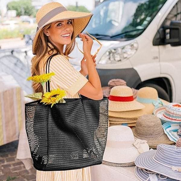 Mesh strandtaske, afslappet mulepose til kvinder, foldbar MAX skuldertaske til strand, picnic, ferie, sort Black