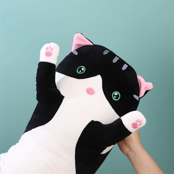 Jätteliknande kattkudde plysch tecknad kattunge sovande kramande kudde, gosig mjuk lång kattunge kroppskudde docka kattkudde leksak för barn flickvän (grå, 70 cm Black 50cm19.68inch