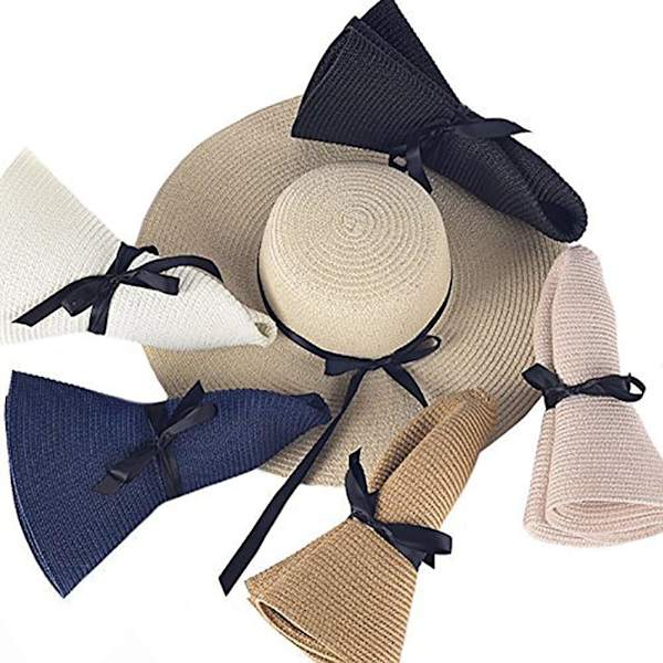 Foldbare sommerhatte til kvinder, floppy stråhat, strandhat med bred skygge, hvid