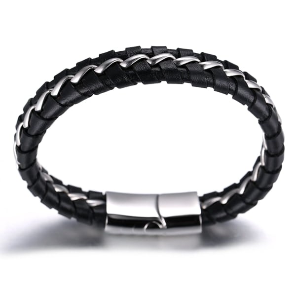 Børns drenge ægte læderarmbånd sort. Titanium sølvkæde