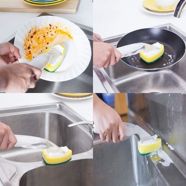 Dish Wand Sponge - Disksvampskrubber med 1 diskborste och 7 refillersättningssvamphuvuden, återanvändbara köksstädsvampar, rengöring