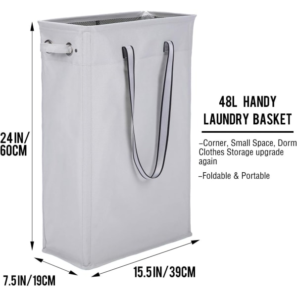 Stoftøjskurv, 60 cm praktisk hængende vasketøjskurv Høj og slank hæmmer Vandtæt vasketøjspose med åndbart meshbetræk Vasketøjskurv, grå