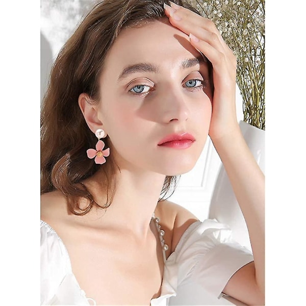 Krpc-boho Matte Flower Stud Earrings Chic Floral Statement Dangle Earrings With Gold Flower Bud-pink