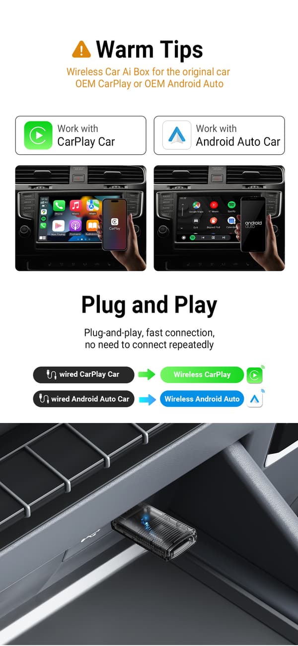 2 I 1 Trådlös CarPlay Android Auto Adapter, Kabelansluten till trådlös carplay bilnavigationsanslutningsbox Ottomotion Mini（Android auto）