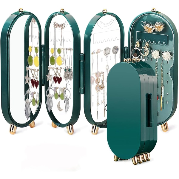 Förvaringsställ för smyckeskrin, organizer för örhängevisning med spegel och 4 dörrar, hopfällbar skärm för kvinnor hängande halsband, grön