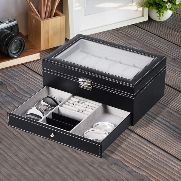 Klocklåda, 12 fack dubbelskikts klocklåda premium display hantverk, lyxig förvaringsorganisatör, elegant organisatör för smycken, armband, halsband, svart