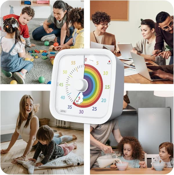 Visuell Rainbow Disk Timer med Skyddsfodral, 60 Minuters Nedräkningstimer för Barn och Vuxna, Tyst Verktyg för Tidshantering White
