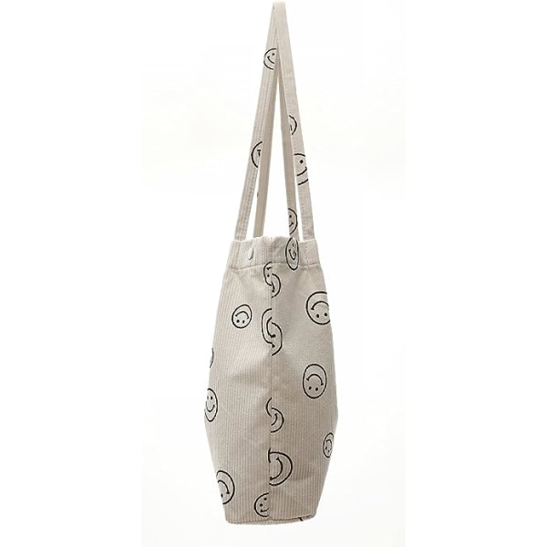 Kvinnors Corduroy Tote Bag Smiley Face Casual Tote axelväska för kvinnor Handväska Stor Kapacitet Axelväska skola crossbody(Off-white)